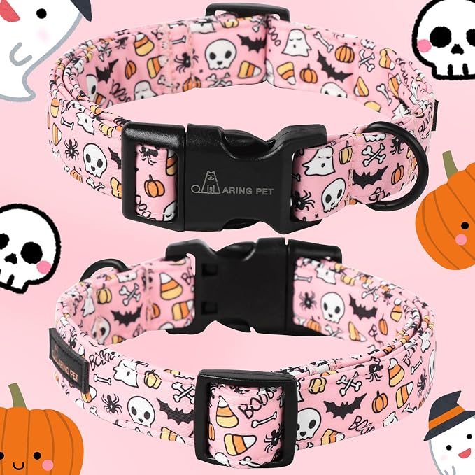 ARING PET Halloween Dog Collars, Cute Pink Pumpkin Ghost Bat Spider Skull Pet Collar with Quick Release Buckle for Small Medium Large Girl Boy Dogs-XS