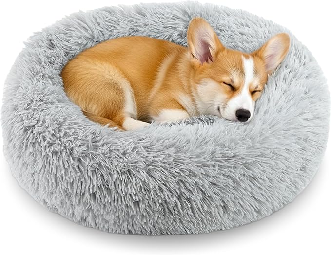 Calming Donut Dog Bed for Small Dogs, Anti-Anxiety Round Washable Plush Fluffy Faux Fur Large Cat Bed, 24 inches Fits up to 20 lbs Pets, Anti-Slip Waterproof Mute Base Gray