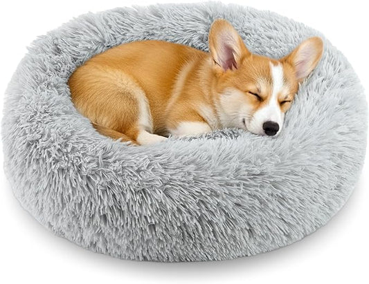 Calming Donut Dog Bed for Small Dogs, Anti-Anxiety Round Washable Plush Fluffy Faux Fur Large Cat Bed, 24 inches Fits up to 20 lbs Pets, Anti-Slip Waterproof Mute Base Gray