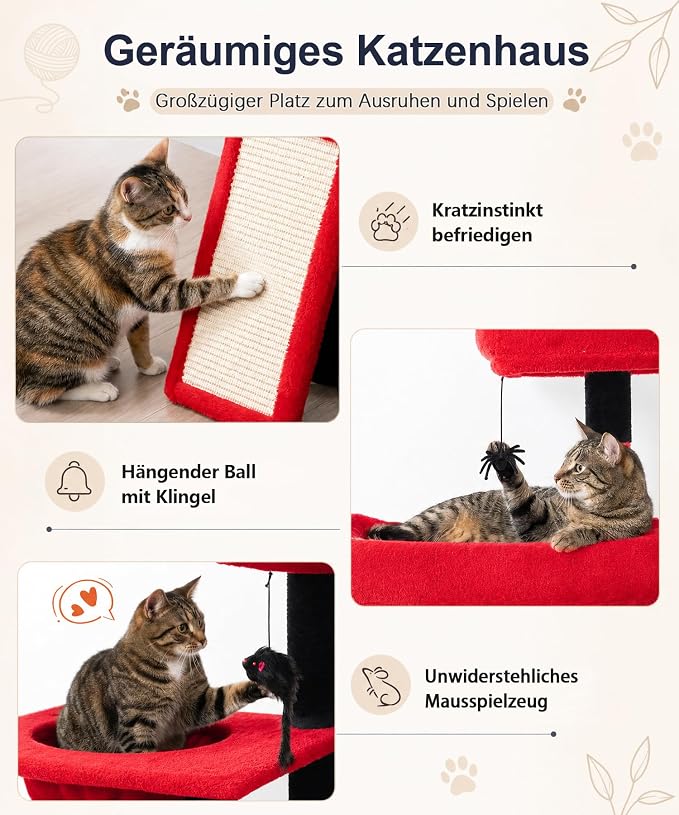 68 Inches Heavy Duty Cat Tree for Indoor Cat, Big Cat Tower with Sisal Scratching Posts and Top Perch, Large Platform for Adult Cats, PMT02RD, Black Red