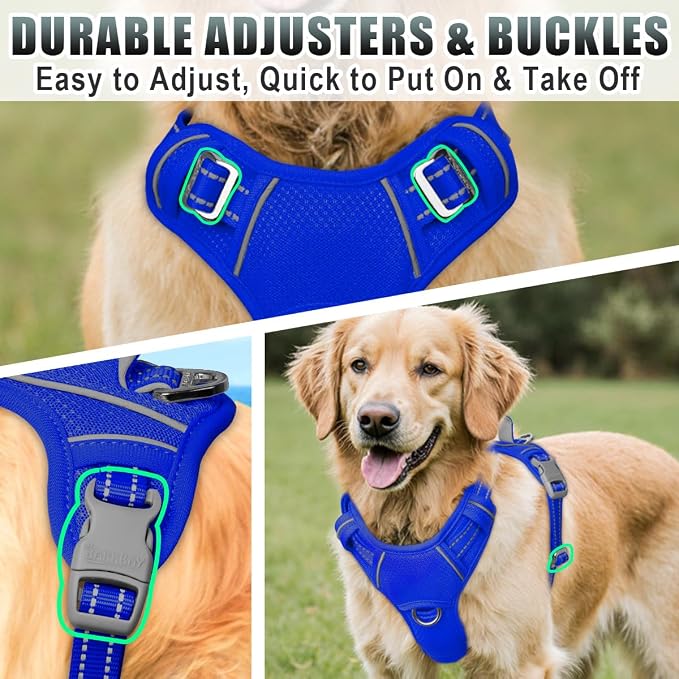 BARKBAY No Pull Dog Harness Large Reflective Dog Harness with Front Clip and Easy Control Handle for Walking Training Running with ID tag Pocket(Sapphire Blue,L)