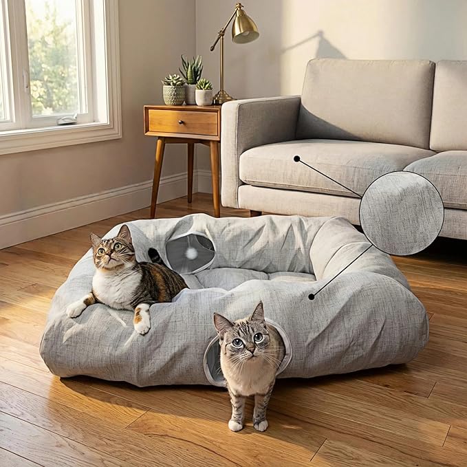 XxingSheep 4 Cave Premium Hemp Fabric XL Cat Tunnel Bed for Indoor Cats Cat Toys Cave Donut with Soft Mat