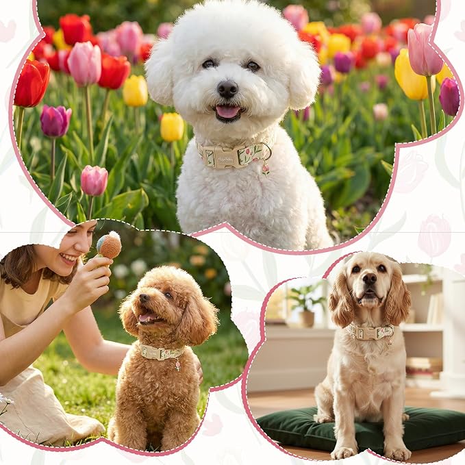 Dog Collars for Small Dogs, Dog Collar with Tulip Patterns, Summer Floral Dog Collar Tulip with Exquisite Pendant, Durable Cute Adjustable Collars Flower Gift for Puppy Small Medium Dogs-S