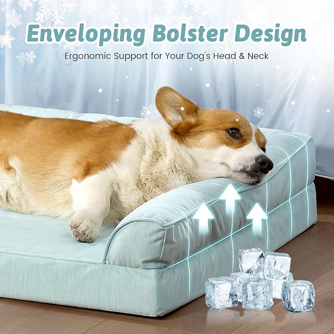 COZY KISS Cooling Dog Bed for Small Dogs, 30"x20" Orthopedic Foam Sofa with Bolster Sides, Q-Max >0.4 Cooling Technology, Cool Pet Bed with Removable Washable Cover, Green