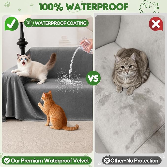 Loiion Velvet Sofa Cover, Ultra Soft Waterproof Non-Slip Couch Cover for Pets, Cat-Scratch Resistant Couch Cover, Pet & Kid Proof Scratch & Hair Resistant Washable Furniture Protector 118"X91" Grey