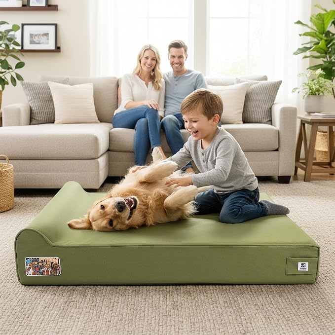 Sytopia 7" Thick Orthopedic Dog Beds for Extra Large Dogs, 35D Memory Foam Durable Canvas Pet Bed with Chew Proof Fabric Cover, Up to 150 Pounds, Waterproof Liner & Washable Cover Design, Green