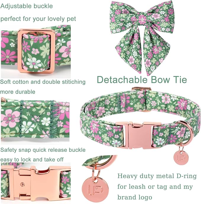 St. Patrick's Day Dog Collar with Bow Tie, Lucky Shamrock Bowtie Collar Adjustable for Girl Boy Dog, Trefoil Dog Collar Durable, Spring Green Collar for Dogs, XS