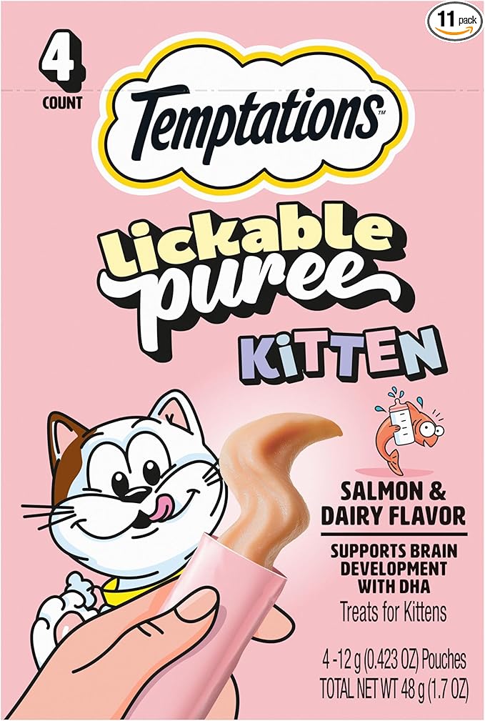 Temptations Puree Kitten Cat Treats Lickable, Salmon & Dairy Flavor, 4 Pouches (Pack of 11)