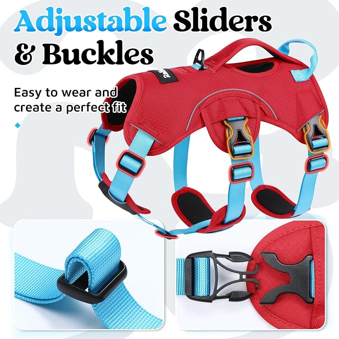 rabbitgoo Escape Proof Dog Harness Large Dogs, Soft Padded Full Body Pet Harness, Reflective Adjustable No Pull Vest with Lift Handle and Leash Clip for Walking Hiking Training, Blue & Red, L