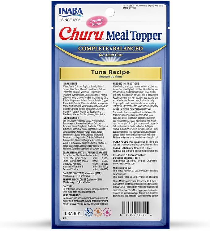 INABA Churu Meal Topper for Cats, Complete & Balanced, Creamy, Lickable Purée Cat Food Topper, 0.5 Ounce Tube, 24 Tubes (4 per Pack), Tuna Recipe