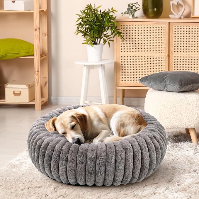 Cat Bed for Indoor Cats, 24 inch Calming Cat Bed with Ultra Soft Plush, Machine Washable Round Anti-Anxiety Pet Bed for Large Cats and Small Dogs, Grey