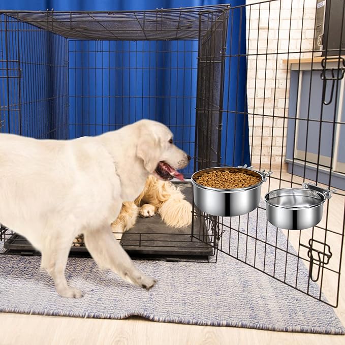 2 Pcs Large Pet Dog Food Water Bowl for Cage Stainless Steel Non-Spill Kennel Hanging Cats Bowls with Clamp Holder Crate Feeder Dish for Medium Large Dogs Huge Pets (7.1x2.5'' & 6.3x2.4'')
