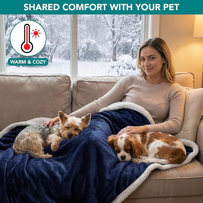 PetAmi Waterproof Dog Blanket for Couch, Pee Proof Sherpa Fleece Reversible Pet Throw, Furniture Protector for Bed Sofa Kennel, Soft Washable Cover for Small Medium Dog Puppy Cat, 29x40 Navy Blue
