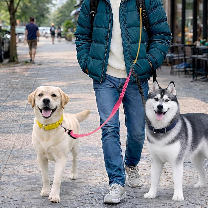 Double Dog Leash for Two Dogs, Professional No Tangle 360° Swivel Coupler with Shock Absorbing Bungee, Adjustable Length Dual-Sided Reflective Two Dogs Lead Splitter for Small Medium Large Dog