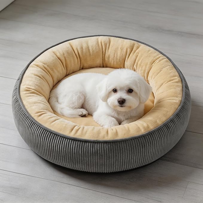 Calming Dog Bed for Small Dogs 18"x20" - Washable Donut Pet Bed with Anti-Slip Bottom, Soft Puppy Bed for Indoor Kittens and Cats with Removable Cover (Beige)