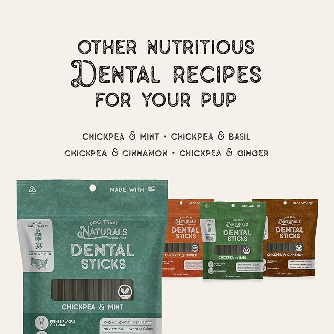 Dog Treat Naturals Chickpea & Ginger Dental Sticks 10oz, 20ct | Dog Dental Chew Treats for Small, Medium, Large Dogs | Freshen Breath, Fight Plaque-Tartar | Natural Teeth Cleaning Treats | USA Made