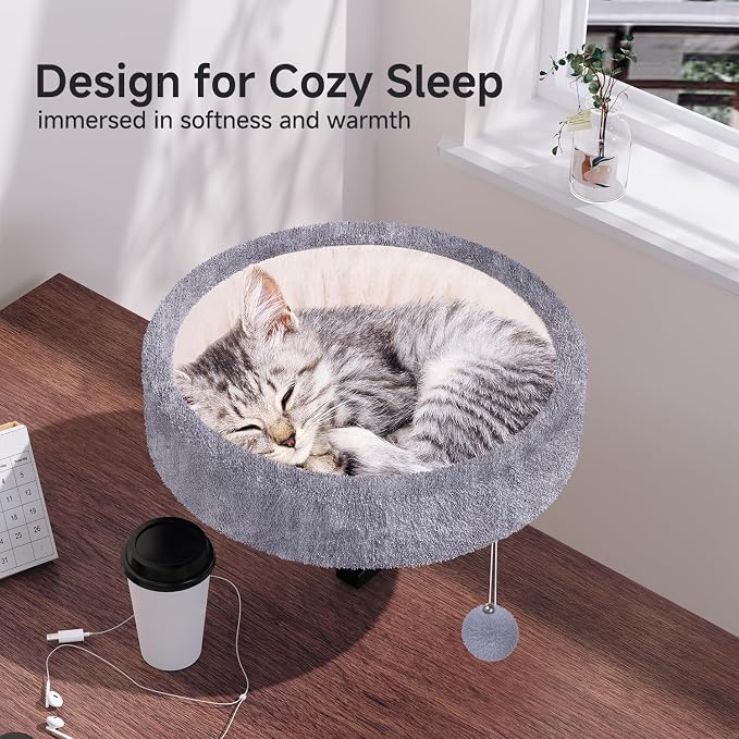 Chumajor Cat Desk Bed - 360° Rotating & Adjustable, Supports 50 lbs, Soft Faux Fur with Dual-Sided Reversible Mat, Modern Indoor Cat Nest Furniture for Office Desks and Game Tables, Island Table