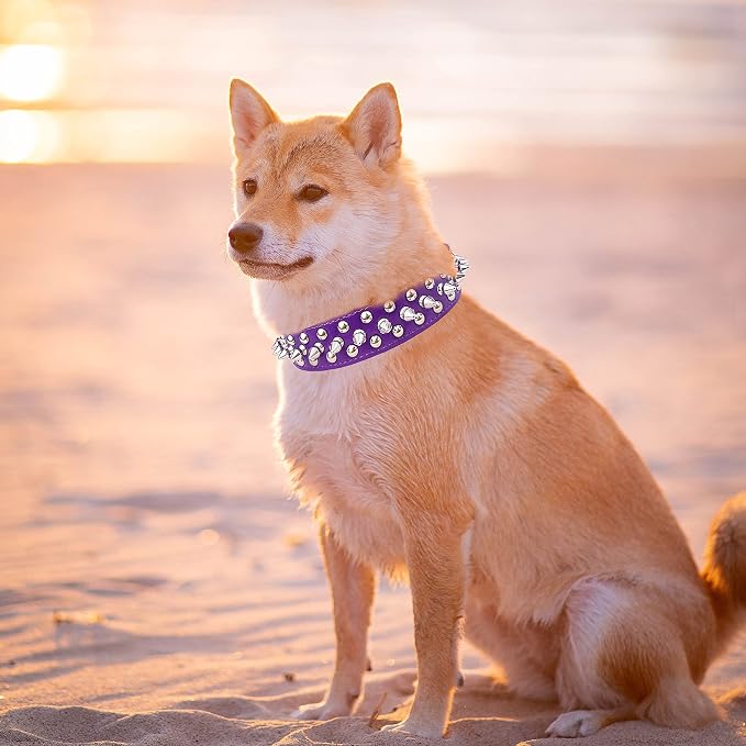 TEEMERRYCA Adjustable PU Leather Spiked Studded Dog Collars with a Squeak Ball Gift for Small Medium Large Pets Like Cats/Pit Bull/Bulldog/Pugs/Husky, Purple, M 12"-15"