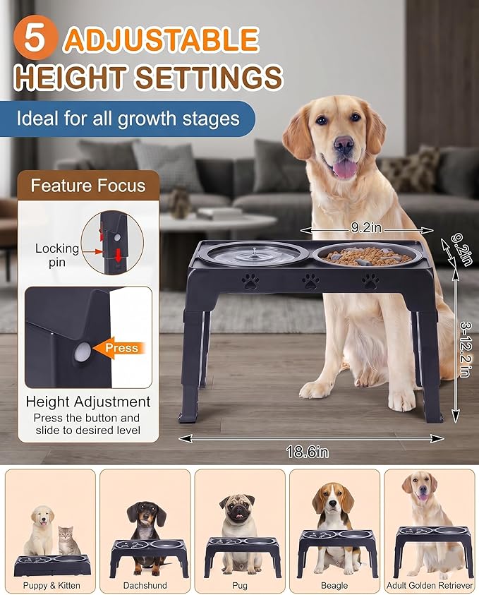 LALOBLUE Elevated Dog Bowls, Raised Dog Bowl with 2 Stainless Steel Dog Food Bowls, Dog Bowls Stand Adjusts to 5 Heights 2.95", 8.46", 9.65", 10.82", 12.01" for Small Medium Large Dogs Cats Pets,Black
