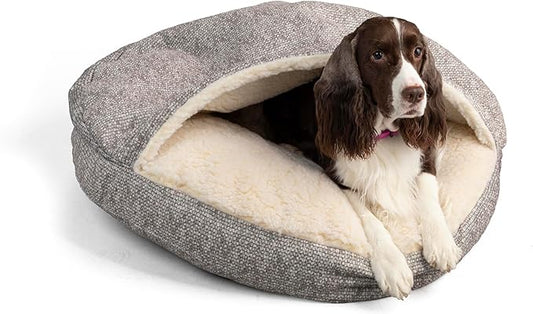 Snoozer Cozy Cave Dog Bed - Indoor Dog Bed with Cover Cave, Covered Calming Burrow for Small Sized Pets with Blanket Attached, Enclosed, Removable Washable Cover - Small, Merlin Linen