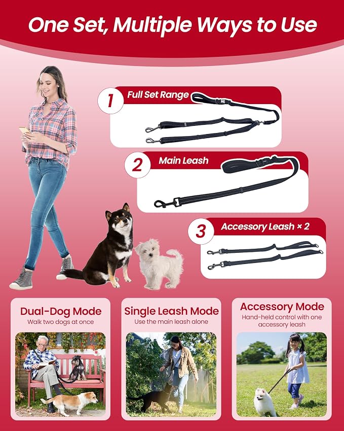 Double Dog Leash - Two Dog Leash No Tangle Design, 3-in-1 Adjustable Waist Belt for Two Dogs, Detachable Dual Leashes or Single Belt, Suitable for Dogs for Training, Running and Walking.