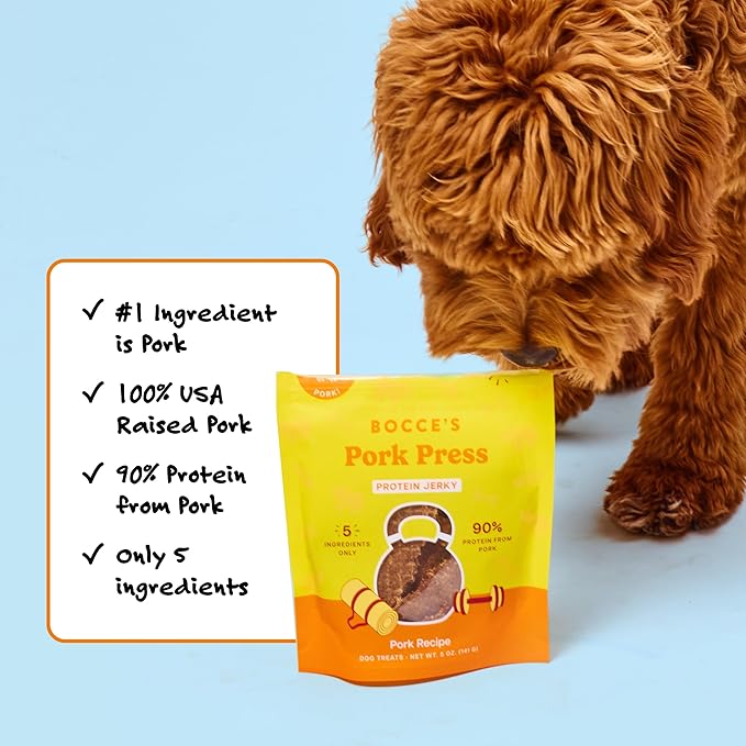 Bocce's Bakery Pork Press Jerky Protein Cuts Dog Treats – Natural & High-Protein, Wheat-Free, Made with Limited and Real Ingredients – Baked in The USA with No Added Salt or Sugar, 5oz