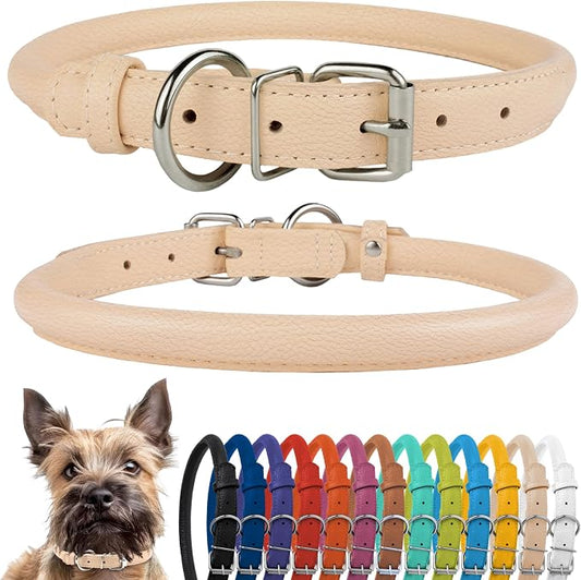CollarDirect Rolled Leather Dog Collar, Soft Padded Round Puppy Collar, Handmade Genuine Leather Collar Dog Small Large Cat Collars 13 Colors (6-7 Inch, Beige Textured)