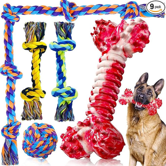 SHARLOVY Dog Chew Toys for Aggressive Chewers, 5 Pack Indestructible Dog Toys for Large Breed, Cotton Rope Toys, Tough Bone Chew for Aggressive Chewers Large Breed