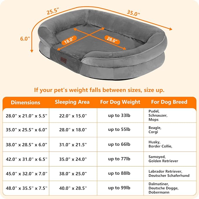 Dwanton Orthopedic Dog Bed for Medium Dogs with Gel Memory Foam, Waterproof Dog Sofa, Washable Pet Bed with Four Sided Bolster Cushion, Removable Cover & Non-Slip Bottom, 36", Medium Grey