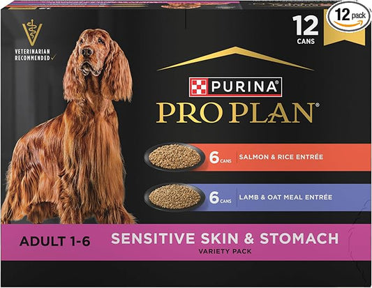 Purina Pro Plan Sensitive Skin and Stomach Wet Dog Food, Salmon and Rice and Lamb and Oat Meal Variety Pack - (Pack of 12) 13 oz. Cans