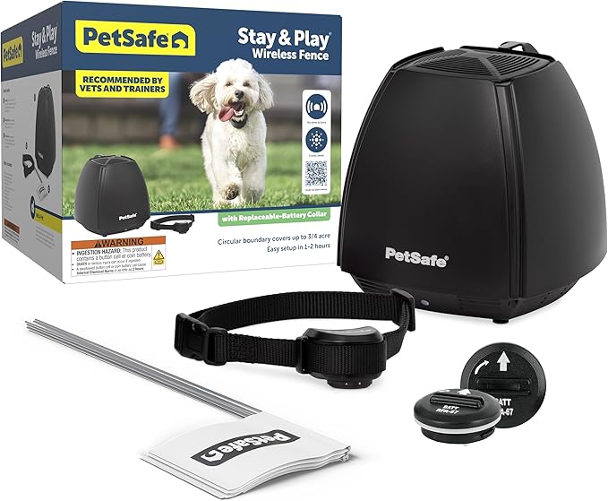 PetSafe Stay & Play Wireless Fence with Replaceable Battery Collar No Wire to Bury Covers 3/4-Acre Yard for Dogs 5 lbs and Up Portable Design from the Parent Company of Invisible Fence Brand