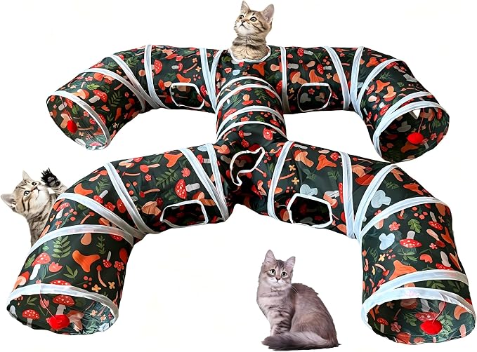 Foldable H-Shaped Cat Tunnel Toy with Interactive Playing Balls - 4 Exits for Cats, Kittens, Rabbits & Small Pets Collapsible Play Tube for Indoor Fun & Exercise