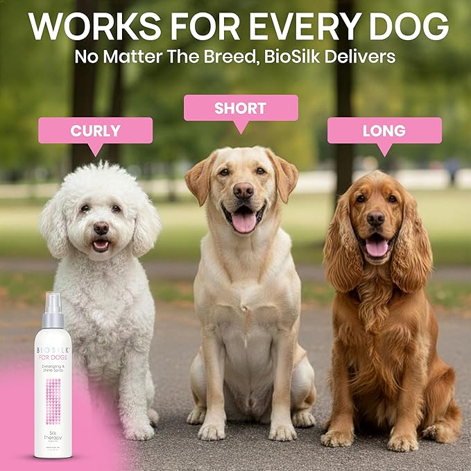 BioSilk for Dogs Silk Therapy Detangling and Shine Protecting Spray, pH Balanced Leave-In Mist with Silk and Vitamins for Dematting, Paraben-Free, All Coats and Breeds, 8 Fl Oz