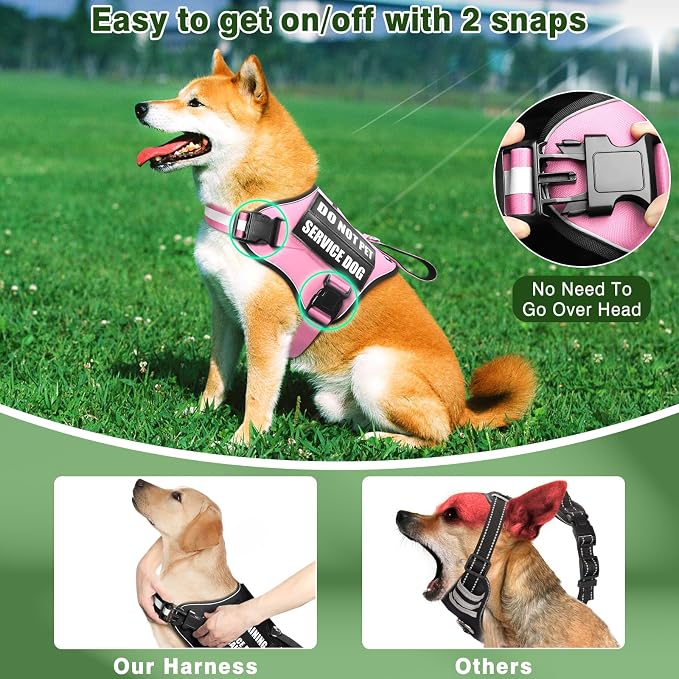 Service Dog Vest Harness and Leash Set+10 Patches,No Pull&Easy Walk Reflective Dog Harness with Soft Padded Handle for Training/Everyday,Fit Small/Medium/Large/Extra-Large Dogs (Pink XL)