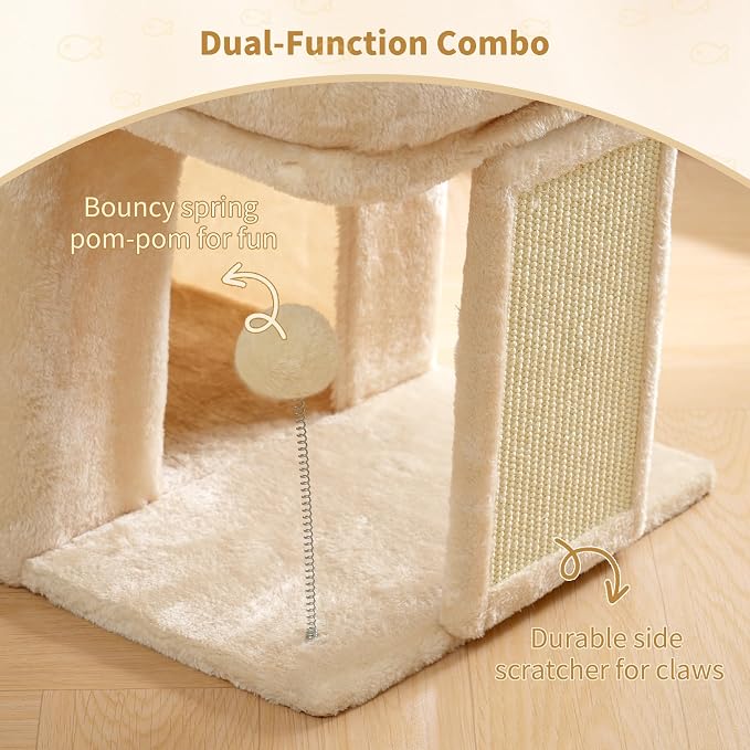 Heybly Cat Tree, 14 inch Cat Tower with Large Perch Bed and Cat Condo for Indoor Cats Large Adult, Cat House with Scratching Posts and Interactive Spring Balls for Your Kittens, Beige HCT203SM