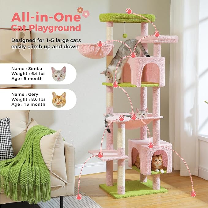 69” Tall Cat Tree for Indoor Cats Large Adult, Multi-Level Cat Tower with Scratching Post, Dual Top Perches, Big Hammock & 2 Spacious Condos, Cat Furniture for Multi-Cat Households, Pink/Green