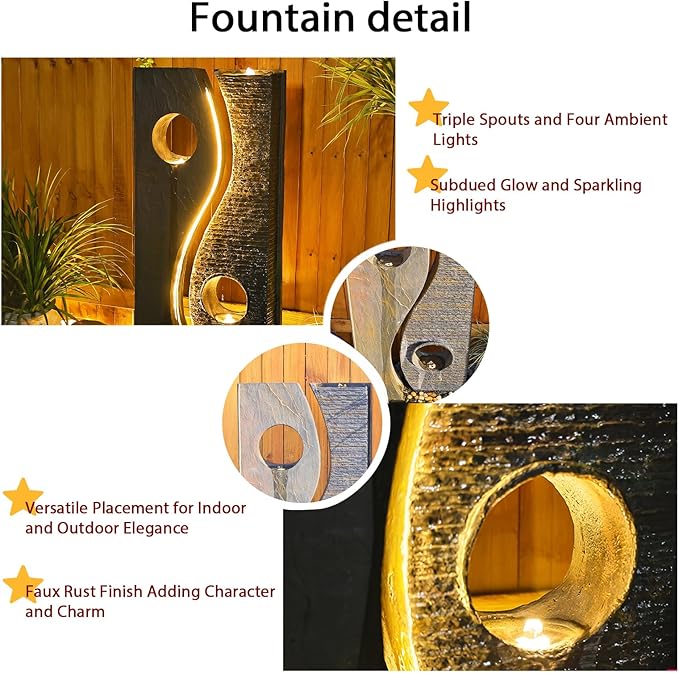 Tankana 47 inches Water Fountain Outdoor Garden - Waterfall Indoor Modern Large Freestanding Water Feature Fountains Faux Rust Finish with LED Lights for Patio Yard Pool Home Decor