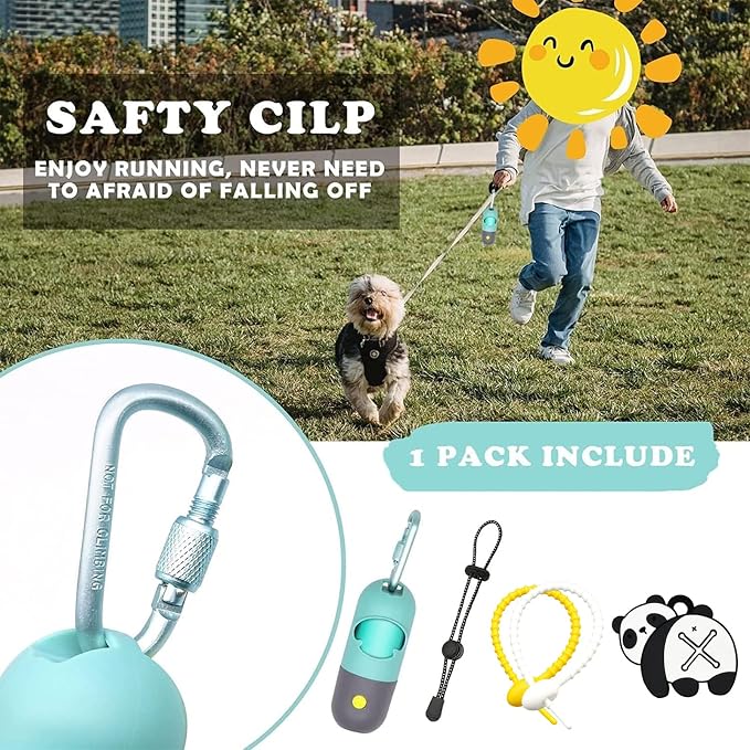 Dog Poop Bag Holder with LED Flashlight for Night Walks,Silicone Tether & Panda Pattern Clip for Used Bags, Hands-Free Metal Leash Carabiner, Includes 15 Scented Waste Bags (Crystal Blue)