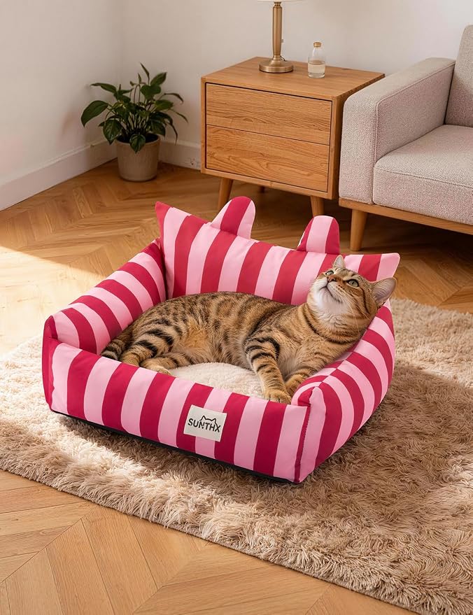 Cat Couch, Reversible Pet Bed for Indoor Cats – 2-Sided Cat Sofa with Oxford Fabric and Plush Fleece, Washable Small Dog Couch for Puppies and Senior Pets, Non-Slip Bottom, 22 inch, Pink Red