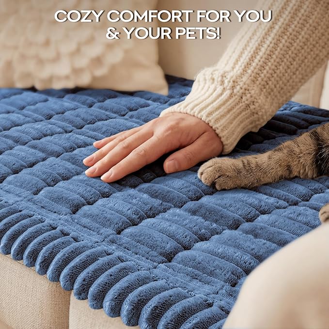 decorUhome Non-Slip Fuzzy Couch Cover for Dogs, Soft Thick Washable Pet-Friendly Protector, Sofa Slipcover for 3 Cushion Couch Sofa, Navy Blue, 27.6" x 82.7"