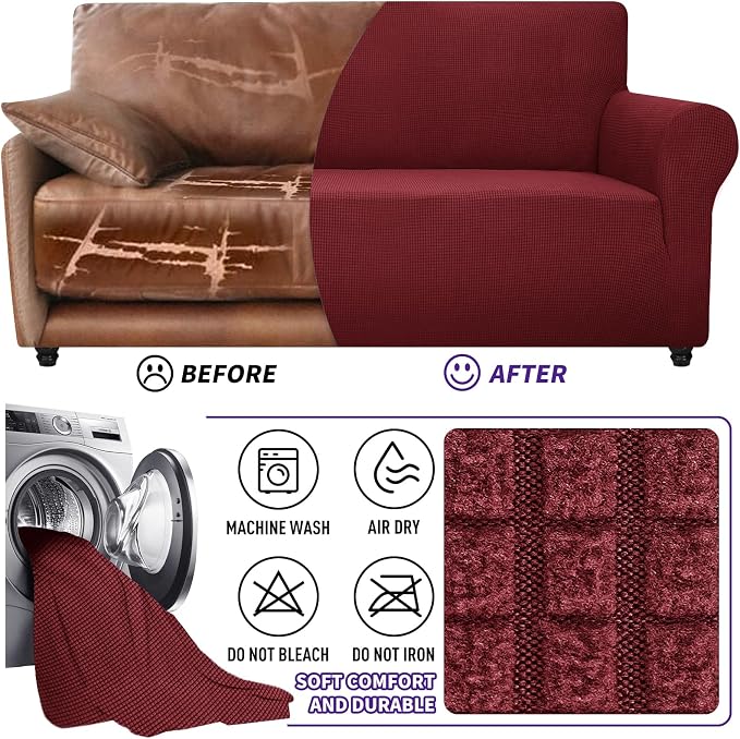 ZNSAYOTX Super Stretch Couch Cover (72"-92") Universal Sofa Covers with Elastic Bottom, Dog Cat Pets Friendly Washable Furniture Protector Fitted Sofa Slipcovers Stay in Place (Wine Red, Sofa)