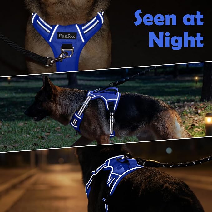 Funfox Dog Harness No Pull, Adjustable Pet Vest Harness, Super Soft Material with Vertical Handle Easy Control, Reflective Night Walking, 2 Leash Clips for Medium Sized Dogs, Blue, M