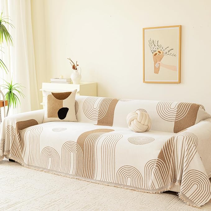 VANJOROY Boho Oversized Couch Sofa Cover for 3-4 Cushion Sectional Sofa L-Shape -Washable Chenille Couch Cover for Dogs Pets, Khaki Couch Cover Protector Soft Sofa Slipcovers with Tassel,91"x 150"