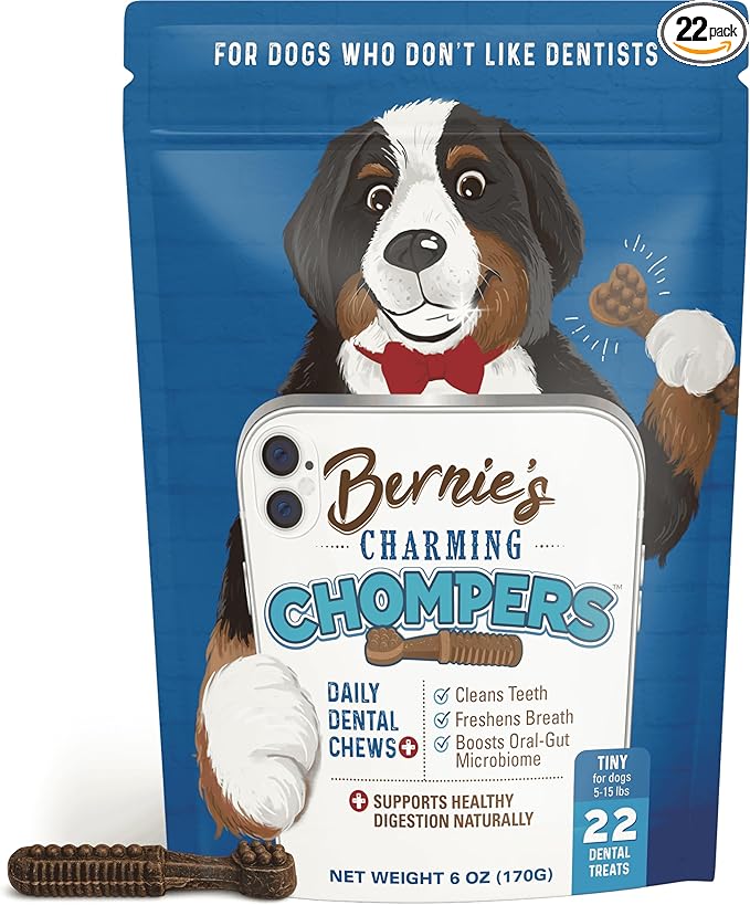 Bernie's Charming Chompers - Daily Dental Chews for Dogs 5-15 Lbs. - 22 Count - Cleans Teeth, Freshens Breath, + Boosts Oral-Gut Microbiome. Easy to Digest, Supports Healthy Digestion Naturally