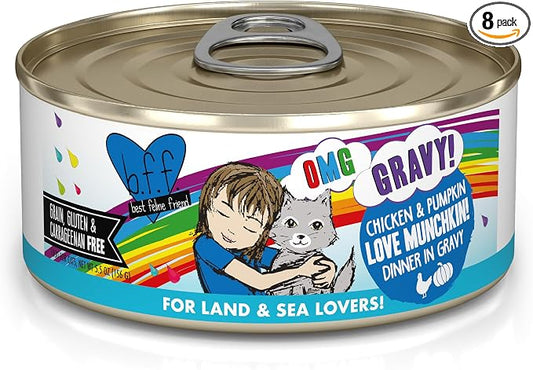 Weruva B.F.F. OMG - Best Feline Friend Oh My Gravy!, Love Munchkin! with Chicken & Pumpkin in Gravy Cat Food, 5.5oz Can (Pack of 8)