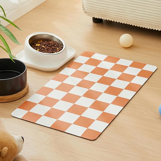 Checkered Dog Feeding Mat, Absorbent Mats for Dog Food and Water Bowl, Dispenser, Aesthetic Orange Checkerboard Pet Placemat for Dogs, Cats, Puppy Accessories 16 x 24