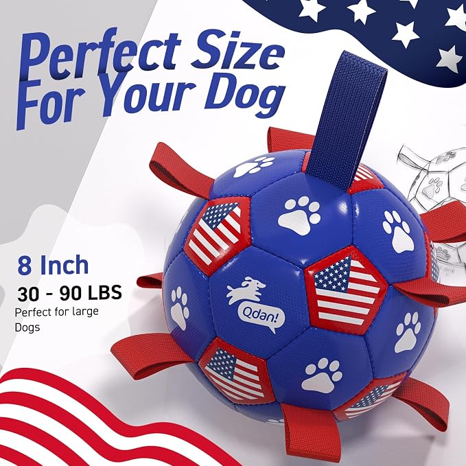 QDAN Dog Toys Soccer Ball with Straps, Durable Balls for Large Dogs, Beach Pool Dog Water Toy, Puppy Dog Birthday Gifts (8 Inch)