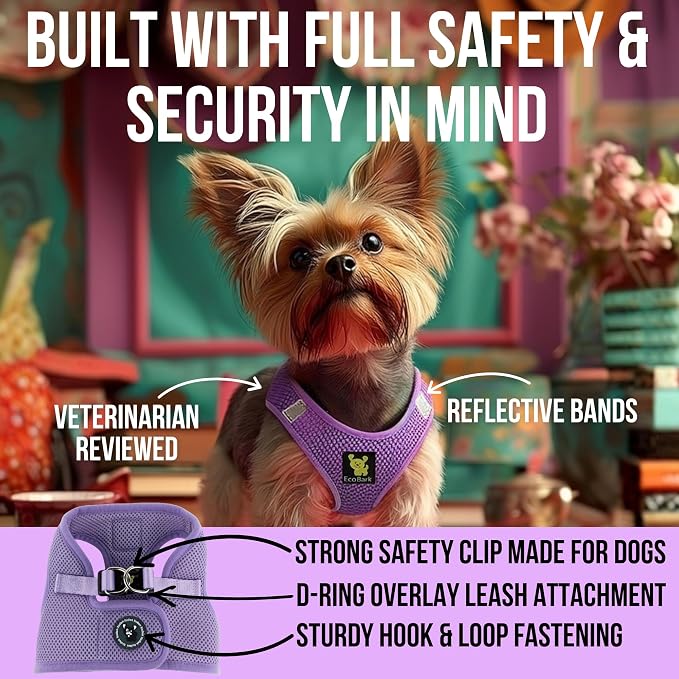 EcoBark Premium Teacup Dog Harness - Luxury Soft Tiny and Toy Breed Dog Harnesses for Puppy - Mini Step in Vest Body Halter Under 5 lbs (XXXS, Lavender)