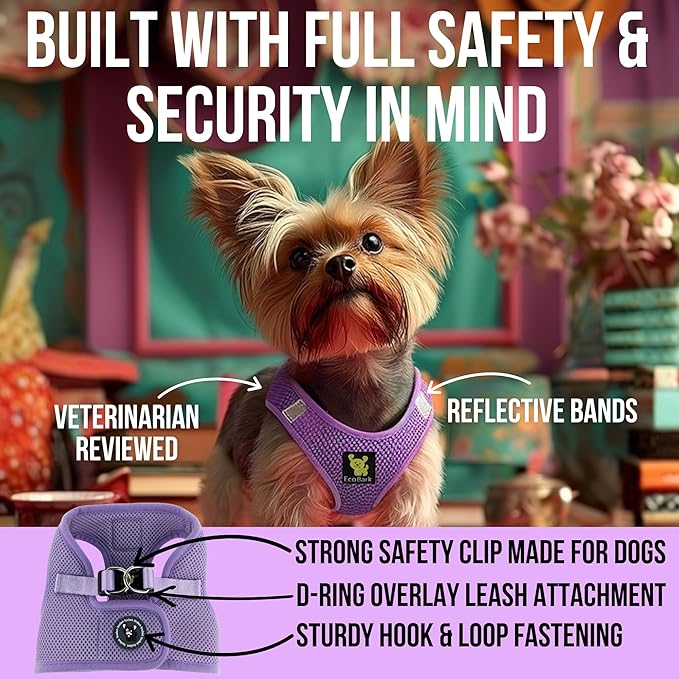 EcoBark Step in Dog Harness - Dog Harnesses for Small and Medium Breed Dogs - Reflective and Adjustable Body Halter Vest - Soft Mesh Toy Breed Harness (Lavender, Medium)