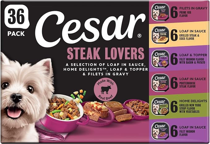 Cesar Adult Wet Dog Food Steak Lovers Variety Pack with Real Meat, 3.5 oz. Easy Peel Trays, 36 Count (Pack of 1)